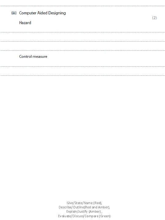 Give/State/Name (Red), Describe/Outline(Red and Amber), Explain/Justify (Amber) , Evaluate/Discuss/Compare (Green) 