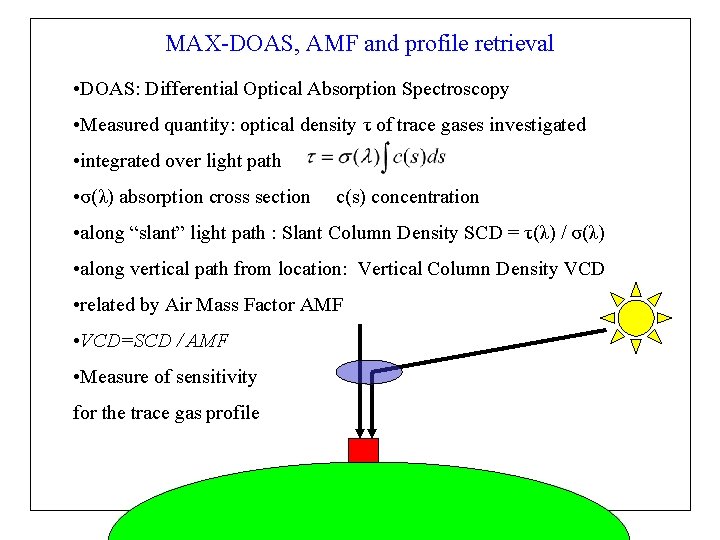 MAX-DOAS, AMF and profile retrieval • DOAS: Differential Optical Absorption Spectroscopy • Measured quantity: