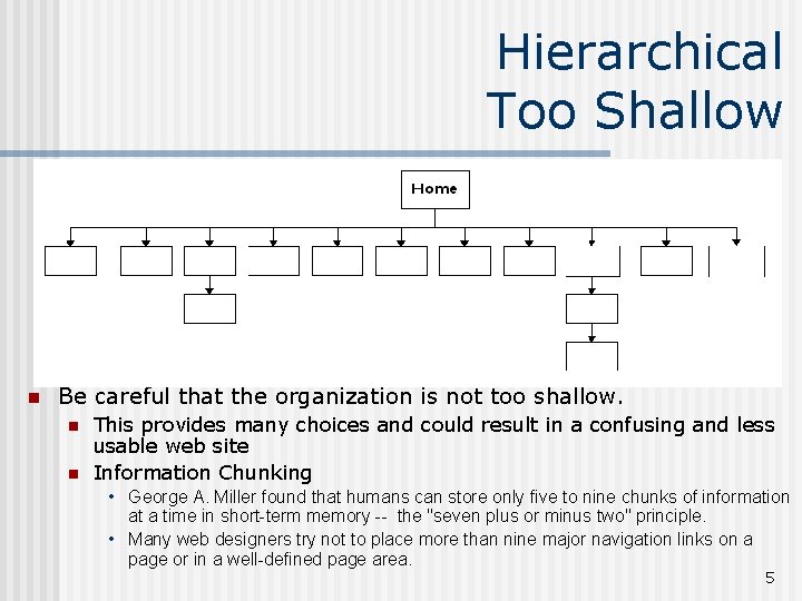Hierarchical Too Shallow n Be careful that the organization is not too shallow. n