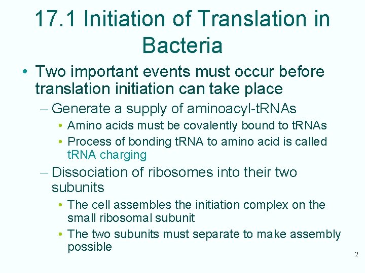 17. 1 Initiation of Translation in Bacteria • Two important events must occur before