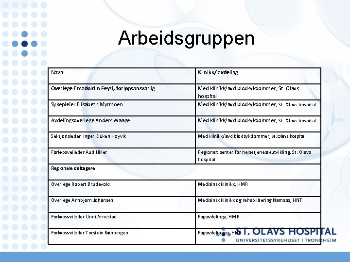 Arbeidsgruppen Navn Klinikk/ avdeling Overlege Emadoldin Feyzi, forløpsansvarlig Sykepleier Elisabeth Myrmoen Med klinikk/avd blodsykdommer,