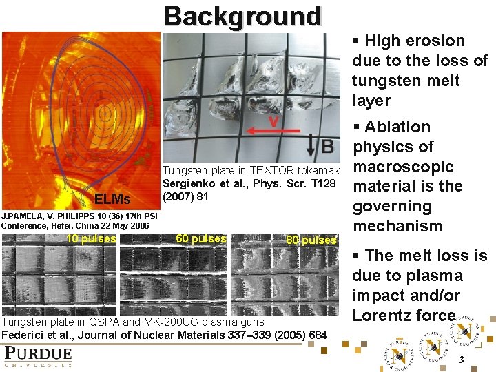 Background ELMs Tungsten plate in TEXTOR tokamak Sergienko et al. , Phys. Scr. T