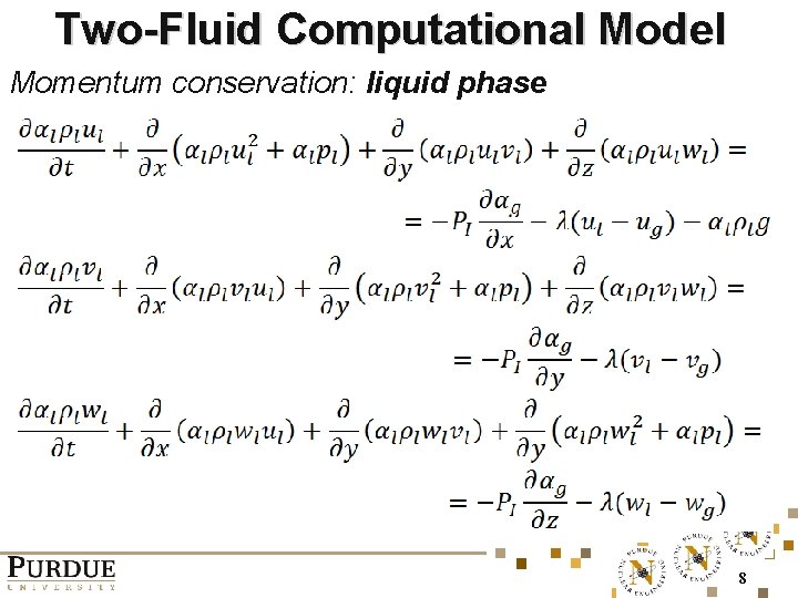 Two-Fluid Computational Model Momentum conservation: liquid phase 8 