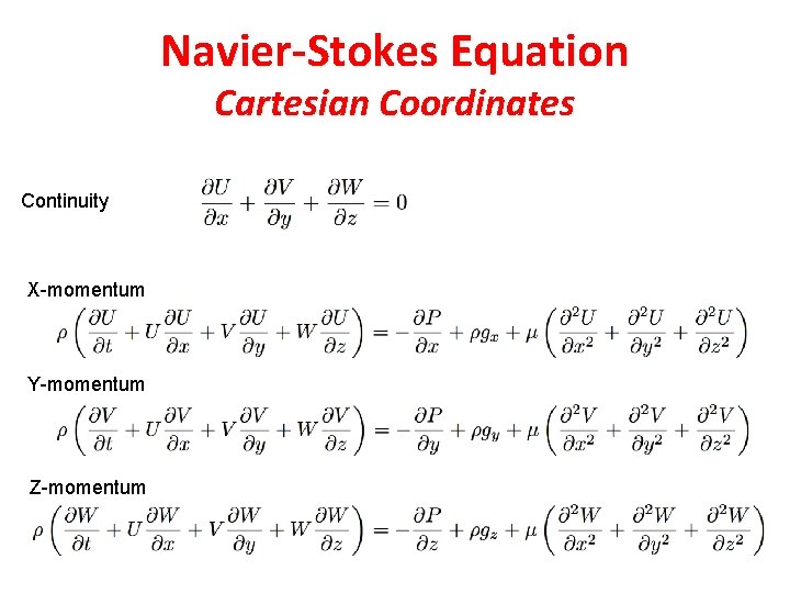 Navier-Stokes Equation Cartesian Coordinates Continuity X-momentum Y-momentum Z-momentum 