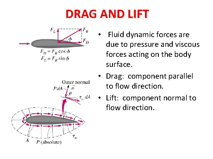 DRAG AND LIFT • Fluid dynamic forces are due to pressure and viscous forces