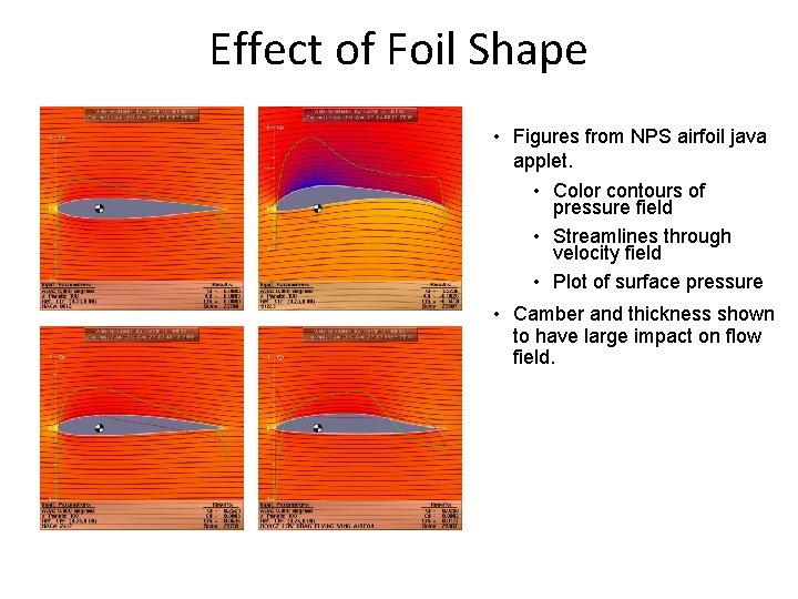 Effect of Foil Shape • Figures from NPS airfoil java applet. • Color contours