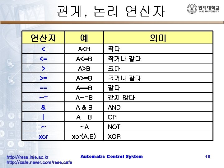 관계, 논리 연산자 예 < A<B <= A<=B > A>B >= A>=B 크거나 같다