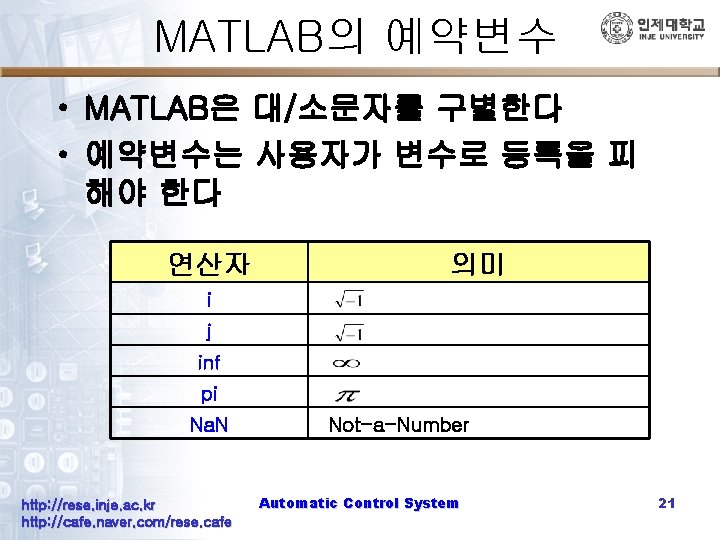 MATLAB의 예약변수 • MATLAB은 대/소문자를 구별한다 • 예약변수는 사용자가 변수로 등록을 피 해야 한다