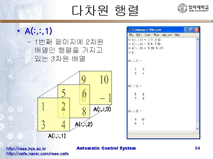 다차원 행렬 • A(: , 1) – 1번째 페이지에 2차원 배열인 행렬을 가지고 있는