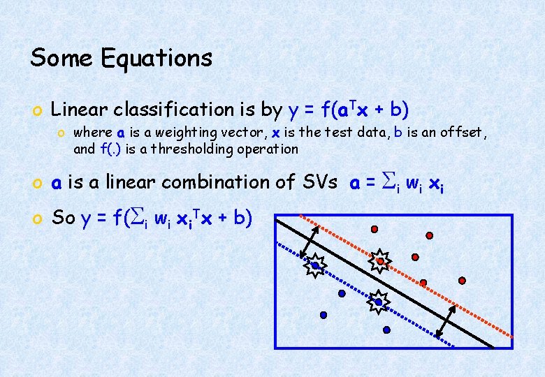 Some Equations o Linear classification is by y = f(a. Tx + b) o