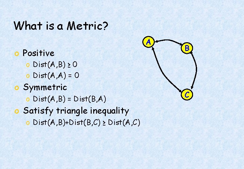 What is a Metric? o Positive A B o Dist(A, B) ≥ 0 o
