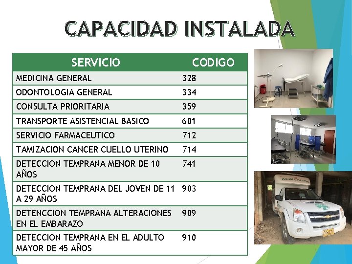 CAPACIDAD INSTALADA SERVICIO CODIGO MEDICINA GENERAL 328 ODONTOLOGIA GENERAL 334 CONSULTA PRIORITARIA 359 TRANSPORTE