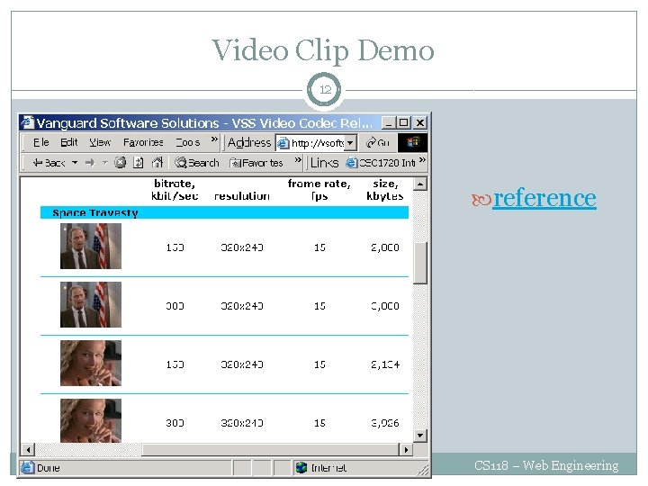 Video Clip Demo 12 reference CS 118 – Web Engineering 