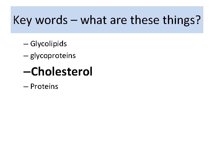 Key words – what are these things? – Glycolipids – glycoproteins –Cholesterol – Proteins