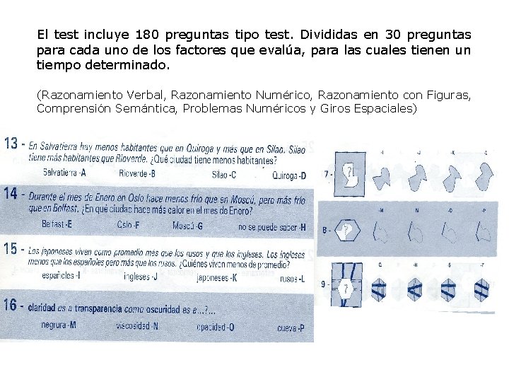 El test incluye 180 preguntas tipo test. Divididas en 30 preguntas para cada uno