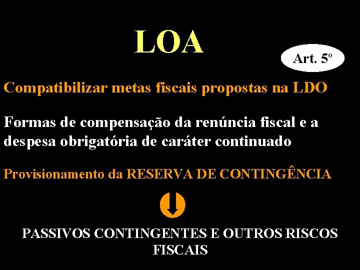 LOA Art. 5º Compatibilizar metas fiscais propostas na LDO Formas de compensação da renúncia