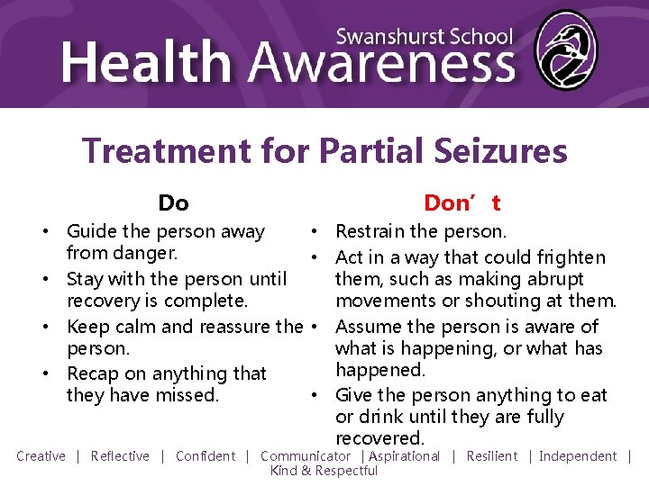 Treatment for Partial Seizures Do Don’t • Guide the person away from danger. •