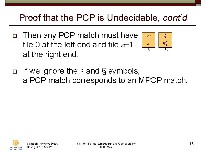 Proof that the PCP is Undecidable, cont’d o o Then any PCP match must
