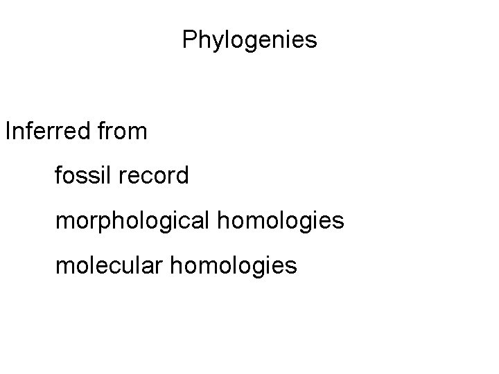 Phylogenies Inferred from fossil record morphological homologies molecular homologies 