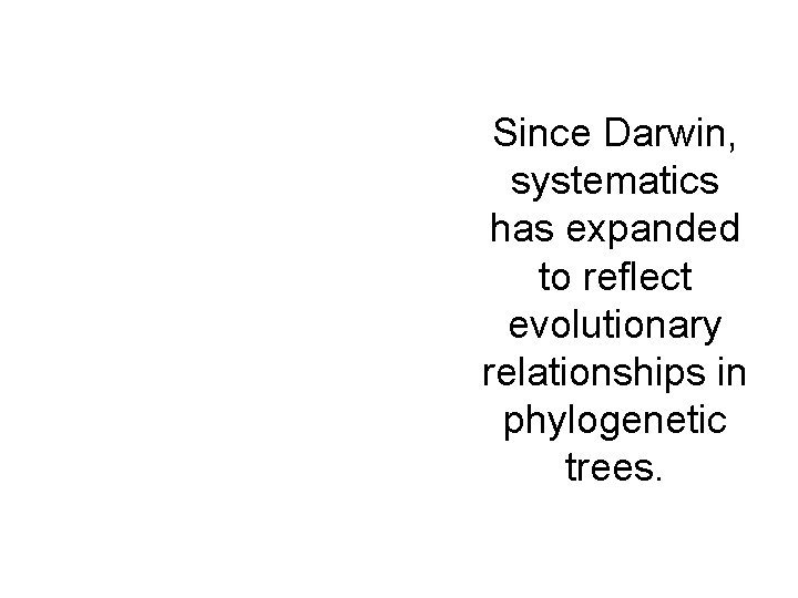 Since Darwin, systematics has expanded to reflect evolutionary relationships in phylogenetic trees. 