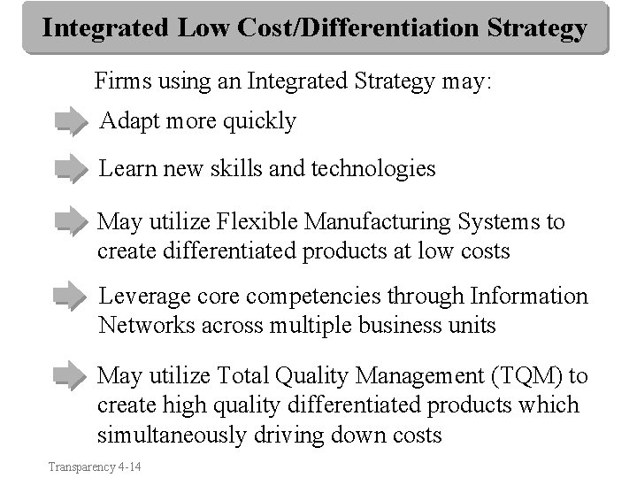 Integrated Low Cost/Differentiation Strategy Firms using an Integrated Strategy may: Adapt more quickly Learn