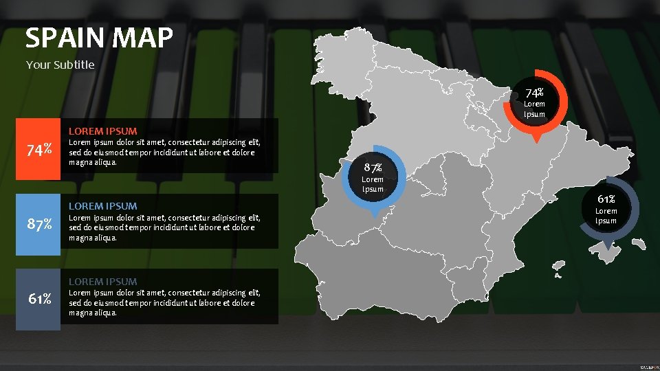 SPAIN MAP Your Subtitle 74% Lorem Ipsum 74% LOREM IPSUM Lorem ipsum dolor sit