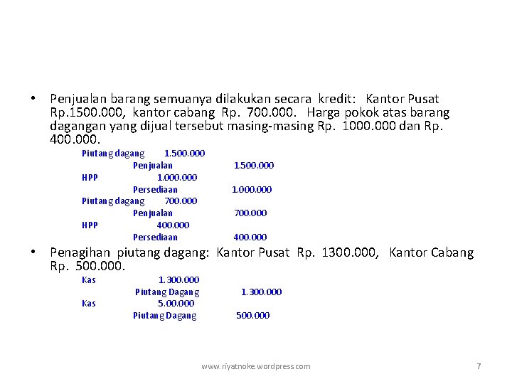  • Penjualan barang semuanya dilakukan secara kredit: Kantor Pusat Rp. 1500. 000, kantor