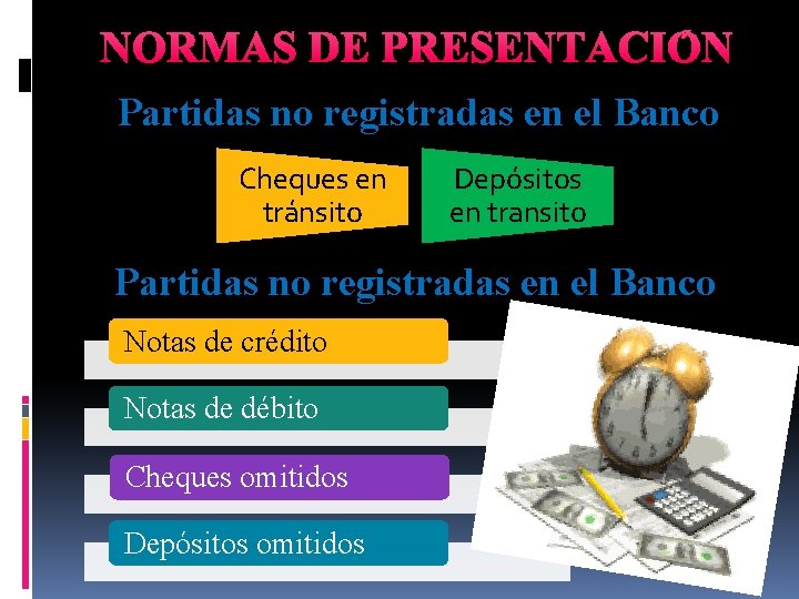 NORMAS DE PRESENTACIÓN Partidas no registradas en el Banco Cheques en tránsito Depósitos en