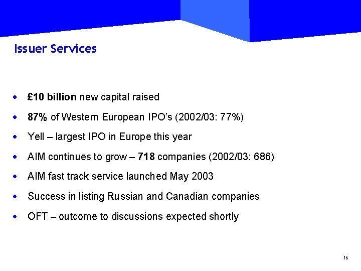 Issuer Services · £ 10 billion new capital raised · 87% of Western European
