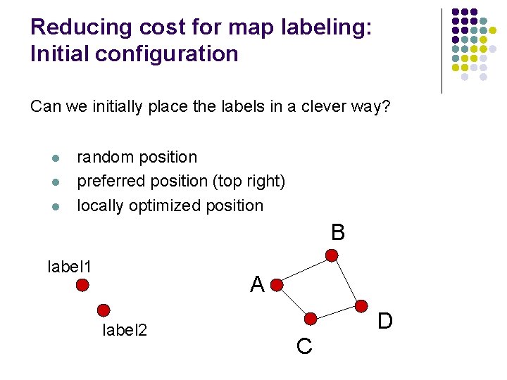 Reducing cost for map labeling: Initial configuration Can we initially place the labels in