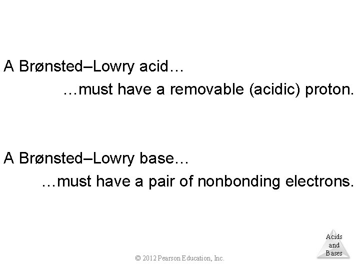 A Brønsted–Lowry acid… …must have a removable (acidic) proton. A Brønsted–Lowry base… …must have