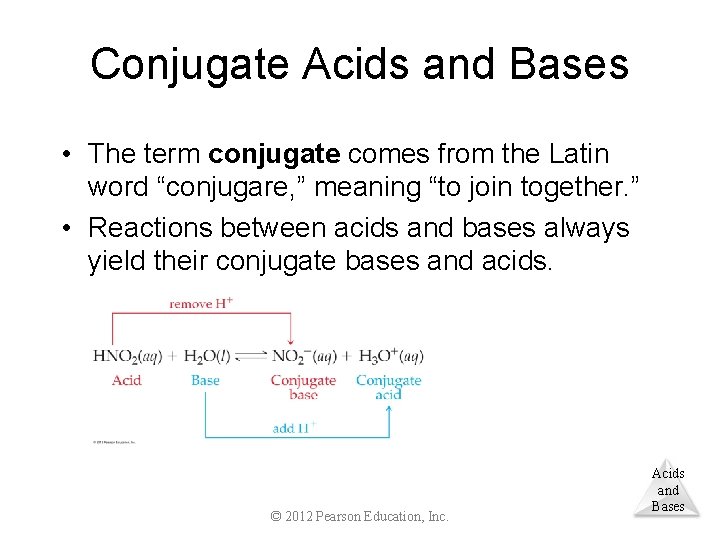 Conjugate Acids and Bases • The term conjugate comes from the Latin word “conjugare,