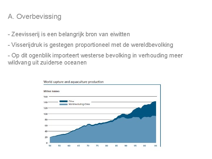 A. Overbevissing - Zeevisserij is een belangrijk bron van eiwitten - Visserijdruk is gestegen