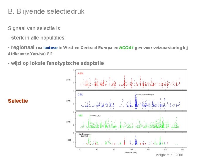 B. Blijvende selectiedruk Signaal van selectie is - sterk in alle populaties - regionaal