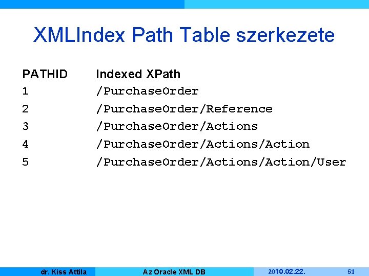 XMLIndex Path Table szerkezete PATHID 1 2 3 4 5 Kiss Attila Master dr.