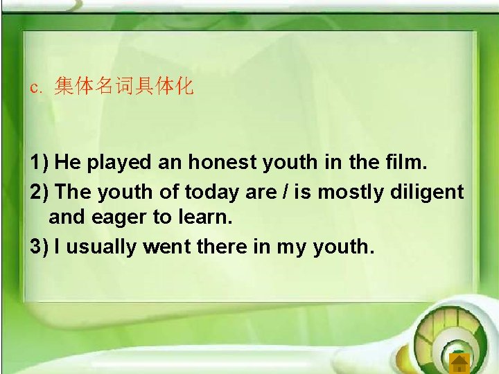 c. 集体名词具体化 1) He played an honest youth in the film. 2) The youth