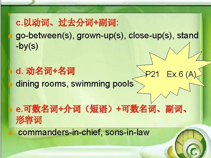 n n n c. 以动词、过去分词+副词: go-between(s), grown-up(s), close-up(s), stand -by(s) d. 动名词+名词 dining rooms,