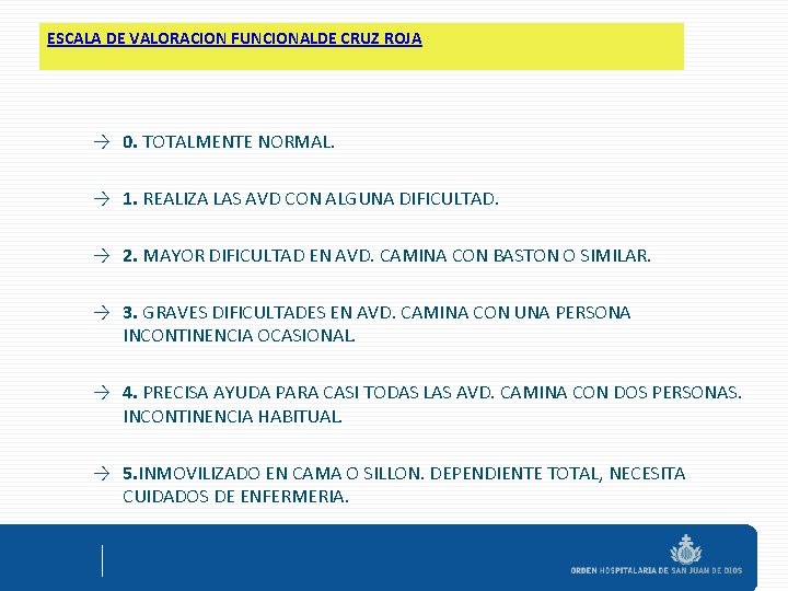 ESCALA DE VALORACION FUNCIONALDE CRUZ ROJA → 0. TOTALMENTE NORMAL. → 1. REALIZA LAS