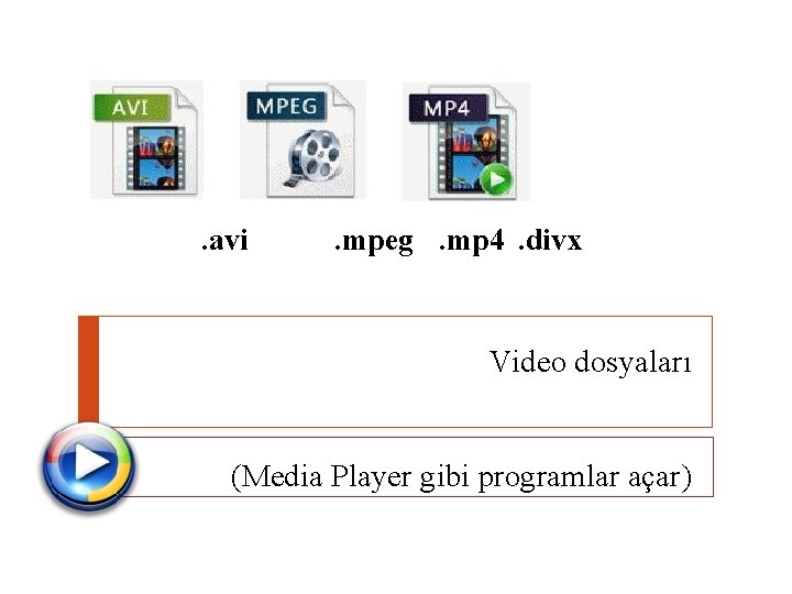 . avi . mpeg. mp 4. divx Video dosyaları (Media Player gibi programlar açar)