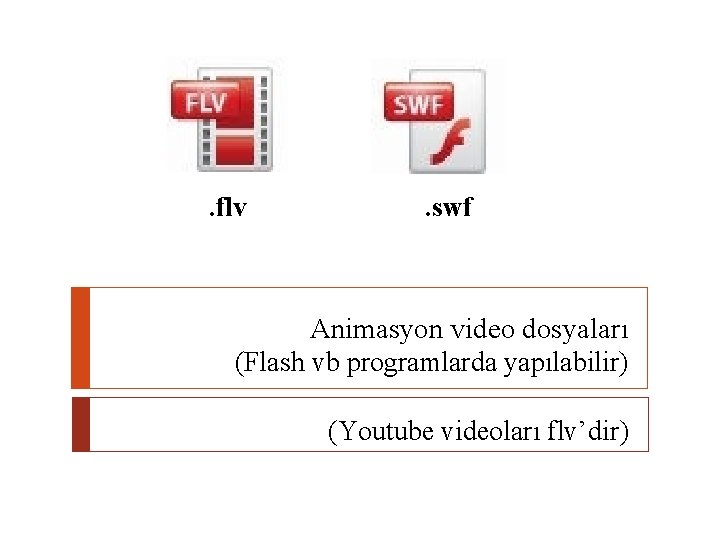 . flv . swf Animasyon video dosyaları (Flash vb programlarda yapılabilir) (Youtube videoları flv’dir)
