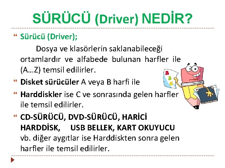 SÜRÜCÜ (Driver) NEDİR? Sürücü (Driver); Dosya ve klasörlerin saklanabileceği ortamlardır ve alfabede bulunan harfler