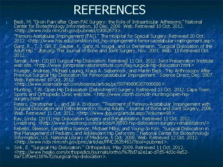 REFERENCES 1. 2. 3. 4. 5. 6. 7. 8. 9. 10. Beck, M. "Groin