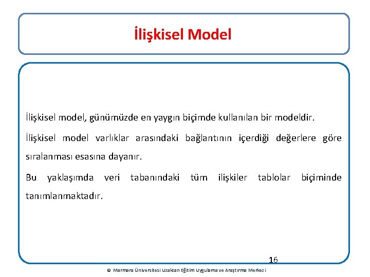 İlişkisel Model İlişkisel model, günümüzde en yaygın biçimde kullanılan bir modeldir. İlişkisel model varlıklar