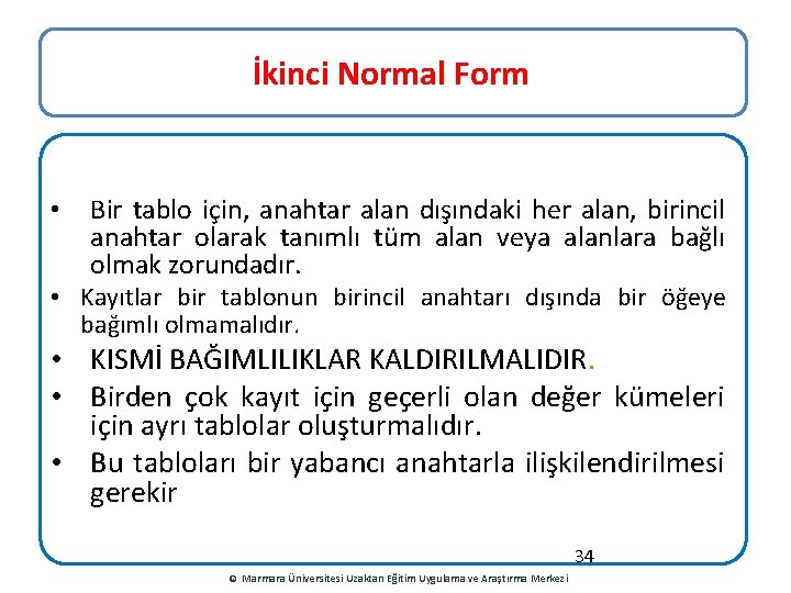 İkinci Normal Form • Bir tablo için, anahtar alan dışındaki her alan, birincil anahtar