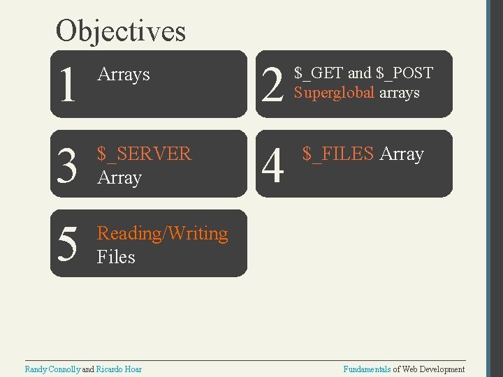 Objectives 1 Arrays 2 $_GET and $_POST Superglobal arrays 3 $_SERVER Array 4 $_FILES