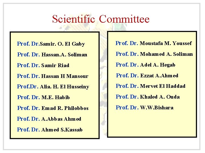 Scientific Committee Prof. Dr. Samir. O. El Gaby Prof. Dr. Moustafa M. Youssef Prof.