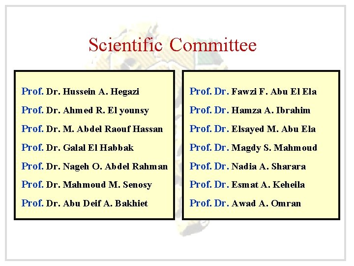 Scientific Committee Prof. Dr. Hussein A. Hegazi Prof. Dr. Fawzi F. Abu El Ela