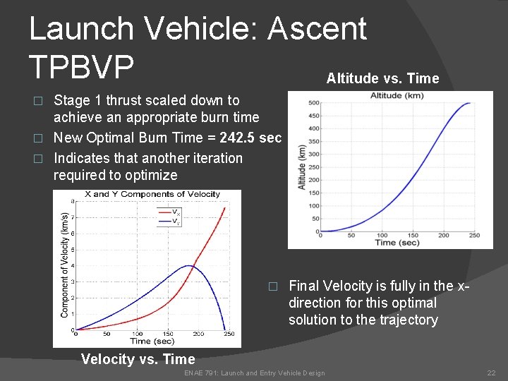 Launch Vehicle: Ascent TPBVP Altitude vs. Time Stage 1 thrust scaled down to achieve