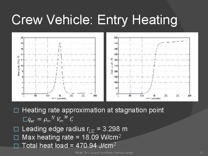 Crew Vehicle: Entry Heating � Heating rate approximation at stagnation point � � Leading