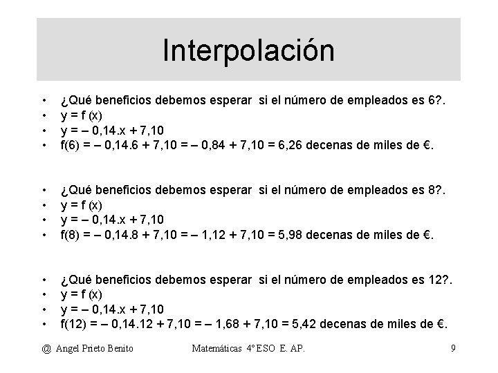 Interpolación • • ¿Qué beneficios debemos esperar si el número de empleados es 6?